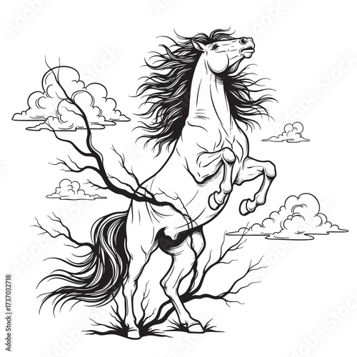 A majestic rearing horse with a flowing mane its powerful body merging with surreal tree branches in a black and white line art illustration.