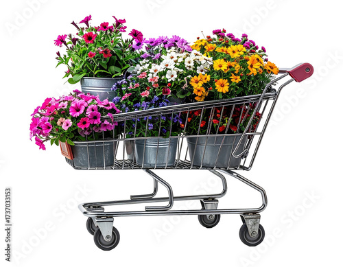 Shopping cart filled with colorful potted flowers