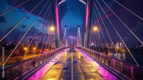 Illuminated Suspension Bridge at Twilight: A Neon-lit Architectural Marvel