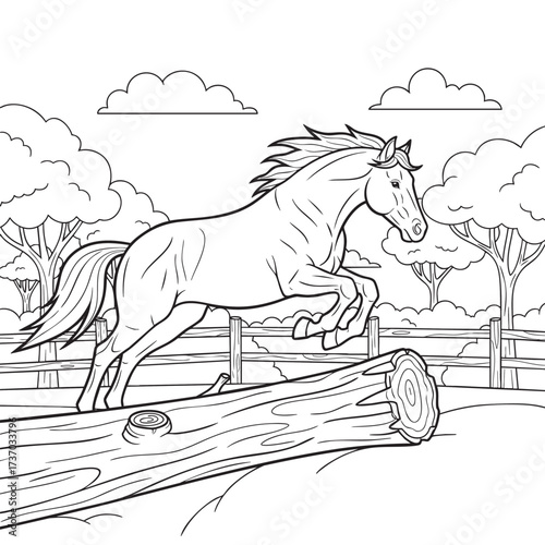 Coloring page line art of a beautiful horse jumping over a log in a rural setting.