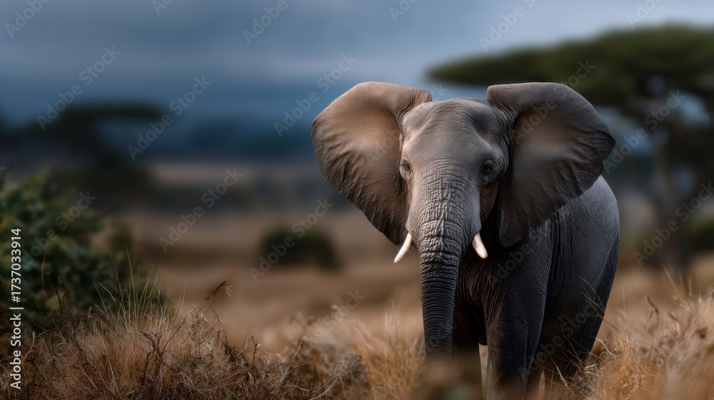 Fototapeta premium Majestic elephant walking through african savannah wildlife photography nature scene close-up view conservation awareness