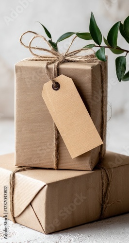 Two kraft paper gift boxes stacked, tied with twine, and featuring a blank tag