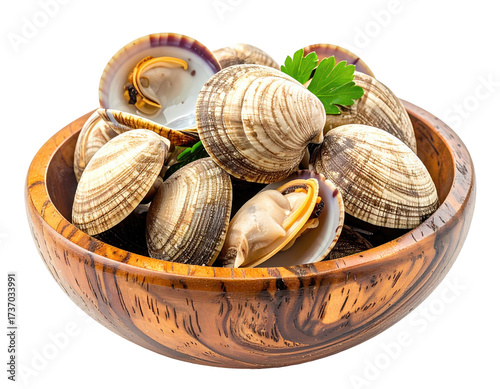 Fresh clams in a wooden bowl