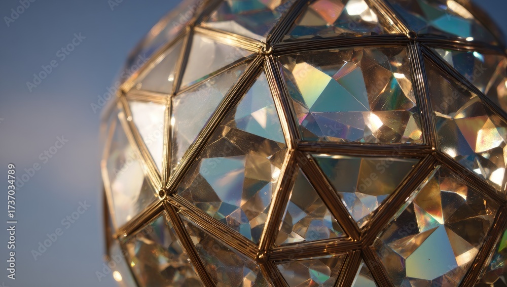 Fototapeta premium Close-up of a faceted sphere with mirrored surfaces reflecting light against a blue sky