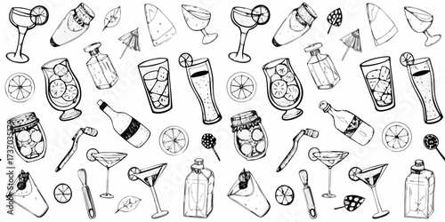 Hand drawn sketchy collection of summer drinks and bar accessories on white background