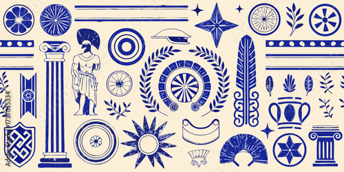 Collection of ancient greek symbols and motifs in blue on a cream background