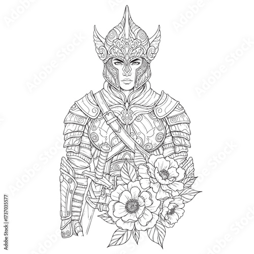 Line art illustration of a female warrior in ornate armor and a winged helmet with flowers.