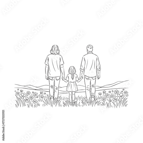 Rear view sketch of a mother father and daughter holding hands in a scenic flower field.