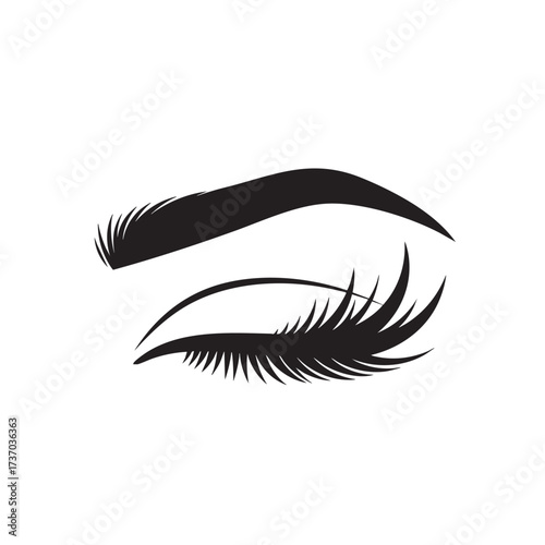 Stylized black graphic of a closed eye with a bold arched eyebrow and long voluminous eyelashes.
