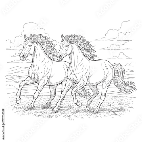 Two beautiful wild horses running free in a field black and white line art illustration for coloring.
