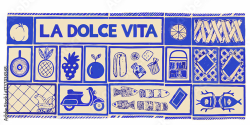 La dolce vita italian lifestyle collage with fruits food scooter and decorative elements
