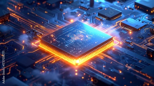 Illustrative rendering of a modern processor with connected circuit board elements