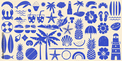 Collection of blue summer vacation icons and symbols on a cream background