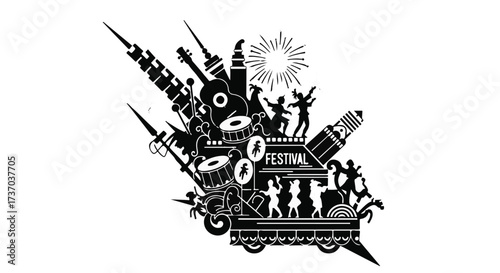 Vibrant silhouette of a lively music festival with dancing figures and diverse instruments.