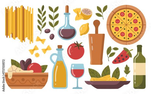 A vibrant collection of italian food icons isolated on white background, featuring pasta, pizza, wine, olive oil, tomatoes, basil, and other culinary essentials