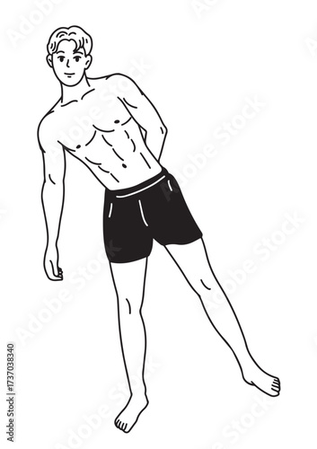 A black and white linear illustration 
A shirtless young man stands with his hands behind his back.
He shows off his muscular physique.