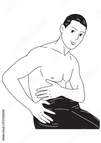 A black and white linear illustration 
A young man stands naked from above, showing off his beautiful muscles.
