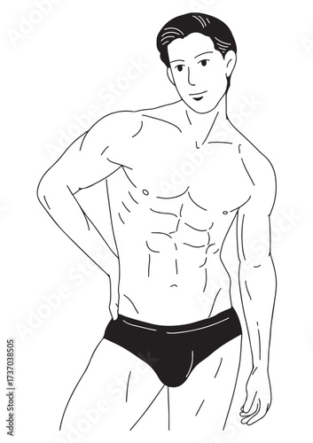 A black and white linear illustration 
A young man wearing swimming trunks stands with his hands on his hips,
showing off his muscular physique.