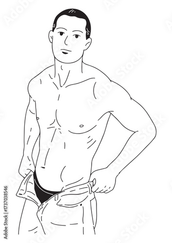 A black and white linear illustration 
A young man is taking off his clothes,
showing off his beautiful muscles.
