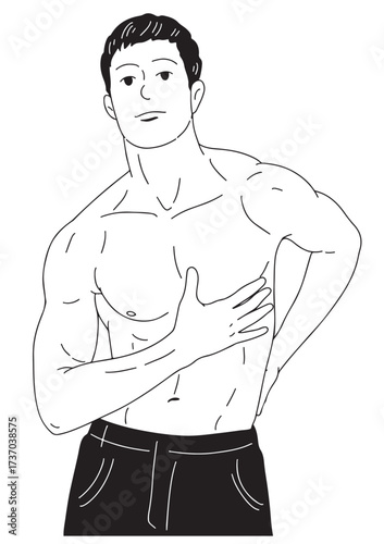 A black and white linear illustration 
A young man stands naked from above, showing off his beautiful muscles.