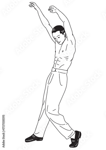 A black and white linear illustration 
A shirtless young man stands and dances,
showing off his beautiful muscles.