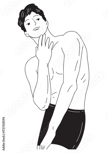A black and white linear illustration 
A young man stands naked from above, showing off his beautiful muscles.