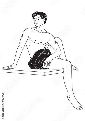 Contemplative Posture: A black and white linear illustration of a man thoughtfully sitting on a surface, exuding calm contemplation, minimalism, and an introspective atmosphere.