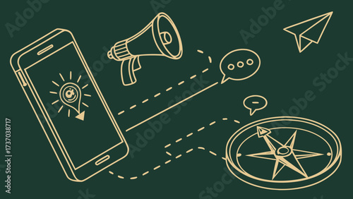 Mobile marketing advertising concept in continuous line art style, vector illustration green background