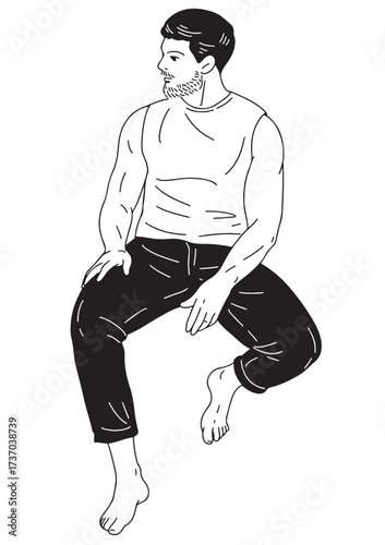 Contemplative Posture: A line art illustration portrays a man in a relaxed pose, his gaze directed thoughtfully off to the side, captured in clean black and white lines.