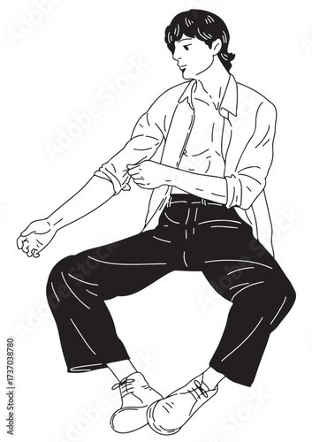 Stylish Pose Illustration: A fashionable individual in a minimalist outline, rolling up their sleeves in a poised, artistic pose, offering a fresh perspective.