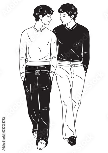 Intimate Stroll: Two individuals walk side by side, sharing a moment of quiet intimacy, connected through shared emotions and a sense of unspoken understanding.