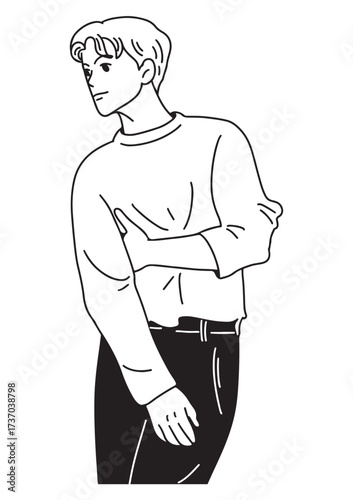 Elegant Man: A clean, artistic rendering of a stylish man with short hair, presented in a simple black and white design, exuding a sense of sophistication and poise.