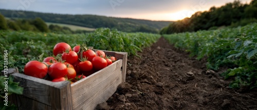 Harvesting fresh tomatoes in lush fields at sunset agricultural photography tranquil landscape