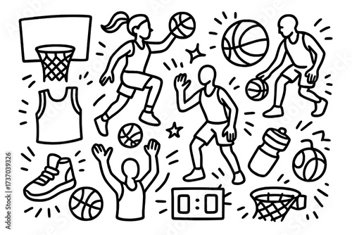 Basketball doodle vector set. Fun hand-drawn cartoon illustration of players, hoop, ball, and gear. Dynamic sports outline icons. Simple black and white line art sketch.