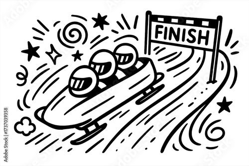 Bobsleigh team crossing the finish line. Bobsled race competition concept. Winter sports doodle vector illustration. Black and white cartoon for teamwork, speed and achievement.