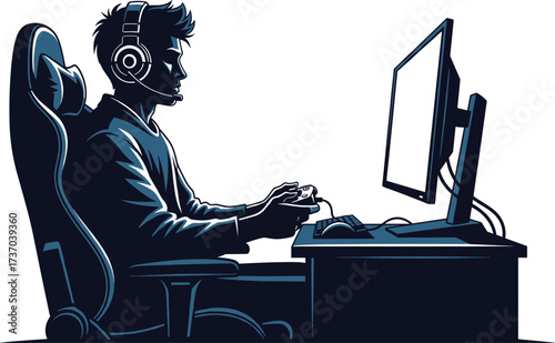 Gaming Lifestyle on the Table Vector Silhouette Gamer at Desk Illustration