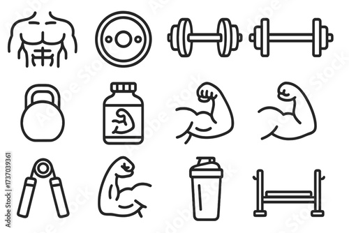 Bodybuilding fitness gym line icon set. Vector collection of exercise and workout equipment symbols. Dumbbell, barbell, muscle arm, protein supplement and kettlebell pictograms.