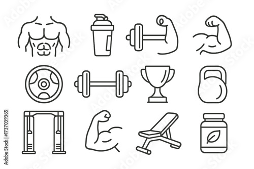 Bodybuilding and fitness line icons set. Gym equipment vector collection with dumbbell, kettlebell, muscle arm, protein shaker. Workout, exercise and weightlifting symbols.