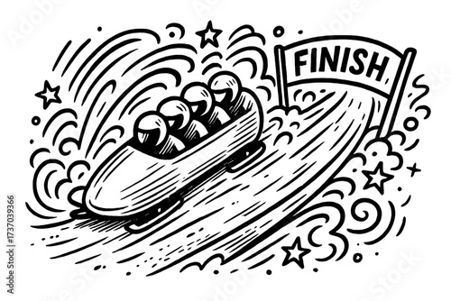 Bobsleigh team doodle art illustration. Winter sports competition concept. Bobsled racing on ice track towards the finish line. Hand-drawn black and white vector cartoon drawing.