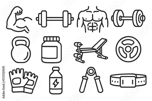 Bodybuilding fitness line icons set. Gym equipment for workout and strength training. Vector outline symbols of dumbbell, barbell, biceps, torso, protein, weight bench, kettlebell.