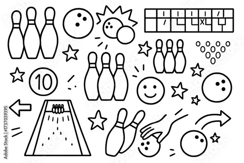 Hand drawn bowling doodle set. Vector line art collection of game elements like pins, ball, lane, and scoreboard. Recreation, sport, and leisure activity icons. Strike concept.