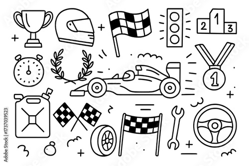 Car racing doodle set. Motorsport elements collection. Line art icons for speed competition. Vector cartoon illustration of formula car, checkered flag, trophy, helmet and medal.