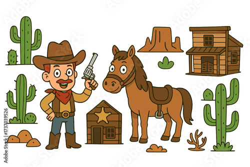 Wild West cartoon vector set. Cowboy character with gun, horse, sheriff office, and saloon. Western desert landscape with cactus and rock. American frontier elements.