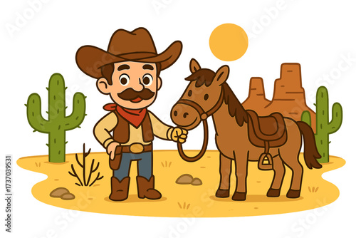 Cartoon cowboy with horse in wild west desert. Vector illustration of a western character. American country lifestyle concept. Rodeo man with animal friend in a Texas landscape.