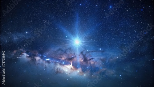 A bright star shining through the Milky Way galaxy in a dark night sky background