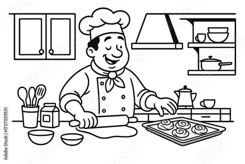 Chef baking in kitchen, line art vector illustration. Happy cartoon baker man rolls dough with rolling pin. Professional cooking of pastry, bread or cinnamon buns. Food concept.