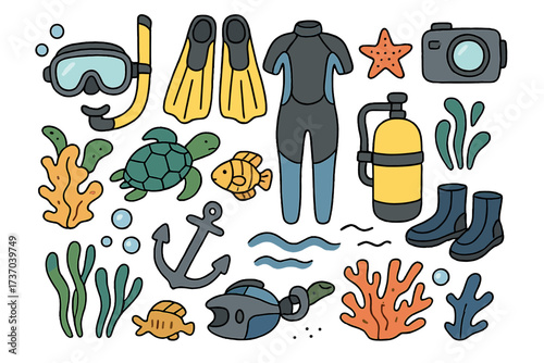 Scuba diving and snorkeling icon set. Cartoon vector collection of underwater adventure essentials. Marine life, turtle, fish, coral, ocean equipment, wetsuit, mask, fins, anchor.