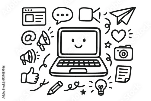 Hand drawn social media marketing doodle set. Vector icons for blogging and content creation with cute laptop, camera, and communication symbols. Concept for digital business idea.