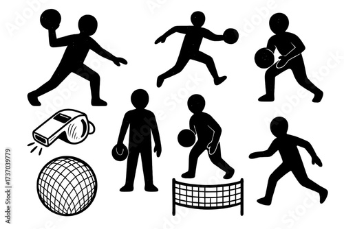 Dodgeball game vector icon set. Player silhouettes in action poses throwing, catching, and running. Hand-drawn sports equipment with ball, whistle, net for school competition.