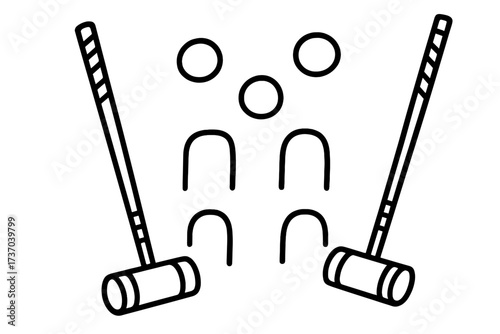 Croquet sport game vector icon set. Mallet, ball, hoop, wicket elements. Outdoor activity equipment. Simple black line art illustration. Recreation, leisure, competition.